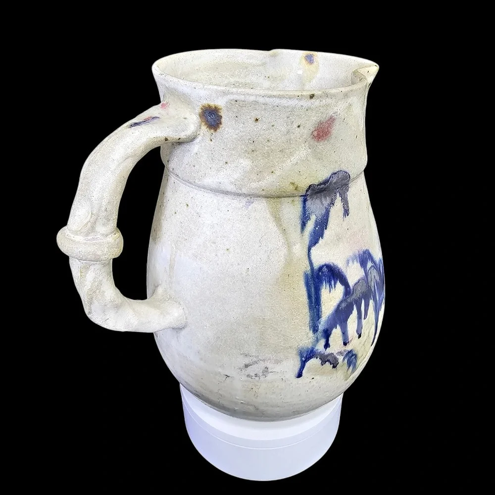 Vintage Large Stoneware Jug Studio Pottery Cobalt‎ Foiliate 64oz Half Gallon